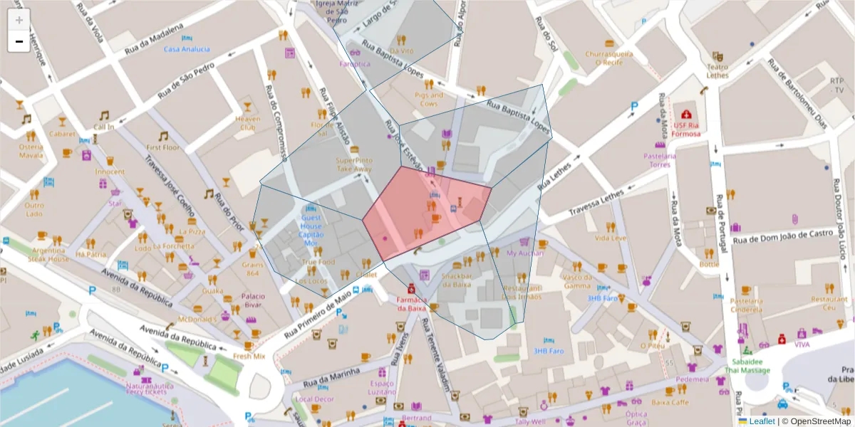 Mapa detalhado do código postal 8000-203 com limites, códigos postais vizinhos e agências dos correios