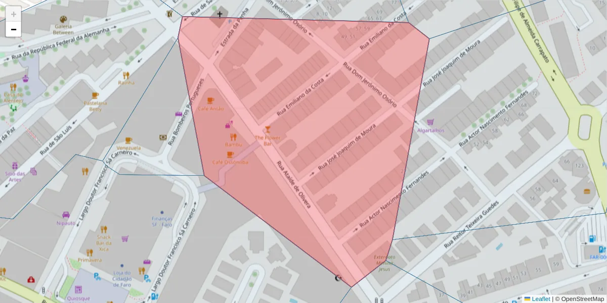 Mapa detalhado do código postal 8000-218 com limites, códigos postais vizinhos e agências dos correios
