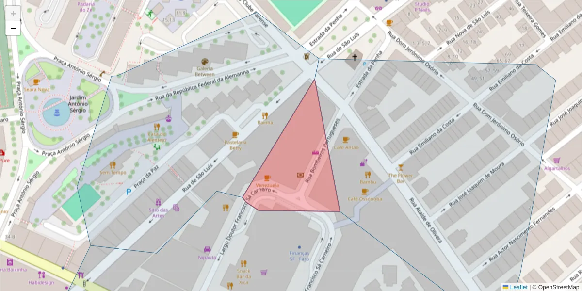 Mapa detalhado do código postal 8000-233 com limites, códigos postais vizinhos e agências dos correios