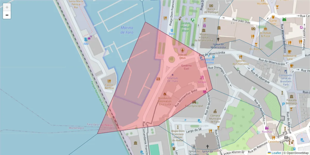 Mapa detalhado do código postal 8000-250 com limites, códigos postais vizinhos e agências dos correios