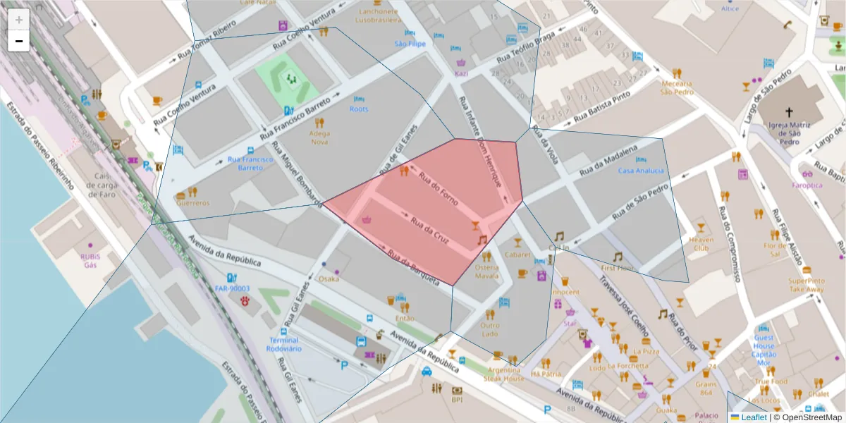 Mapa detalhado do código postal 8000-260 com limites, códigos postais vizinhos e agências dos correios