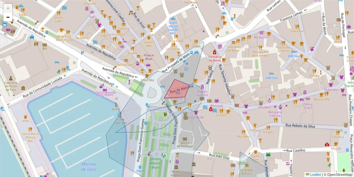 Mapa detalhado do código postal 8000-268 com limites, códigos postais vizinhos e agências dos correios