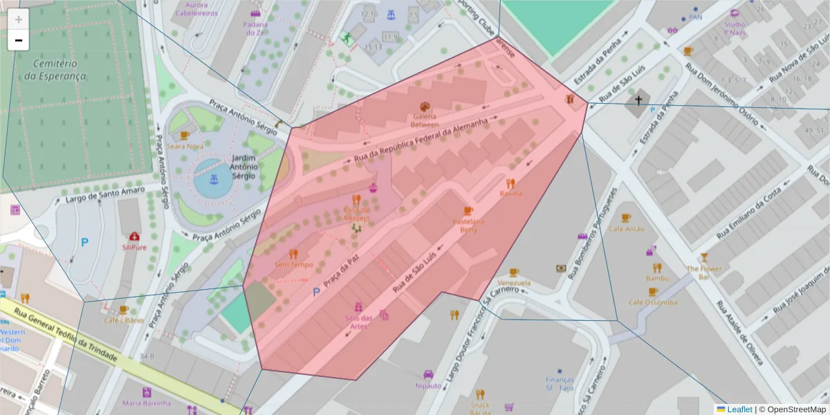 Mapa detalhado do código postal 8000-285 com limites, códigos postais vizinhos e agências dos correios