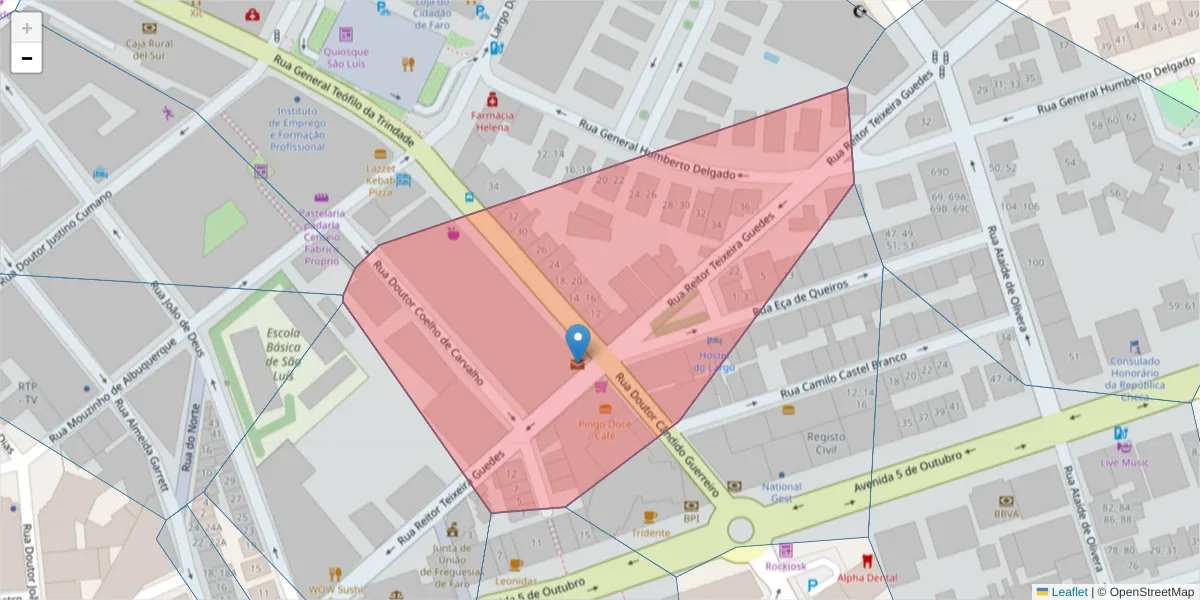 Mapa detalhado do código postal 8000-320 com limites, códigos postais vizinhos e agências dos correios