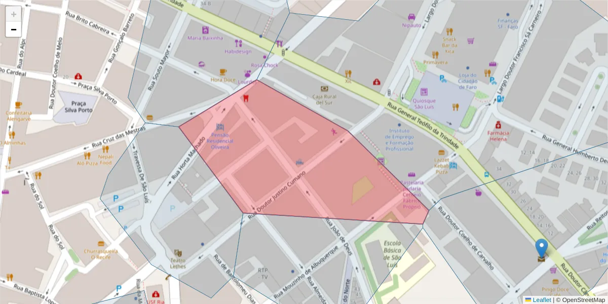 Mapa detalhado do código postal 8000-333 com limites, códigos postais vizinhos e agências dos correios