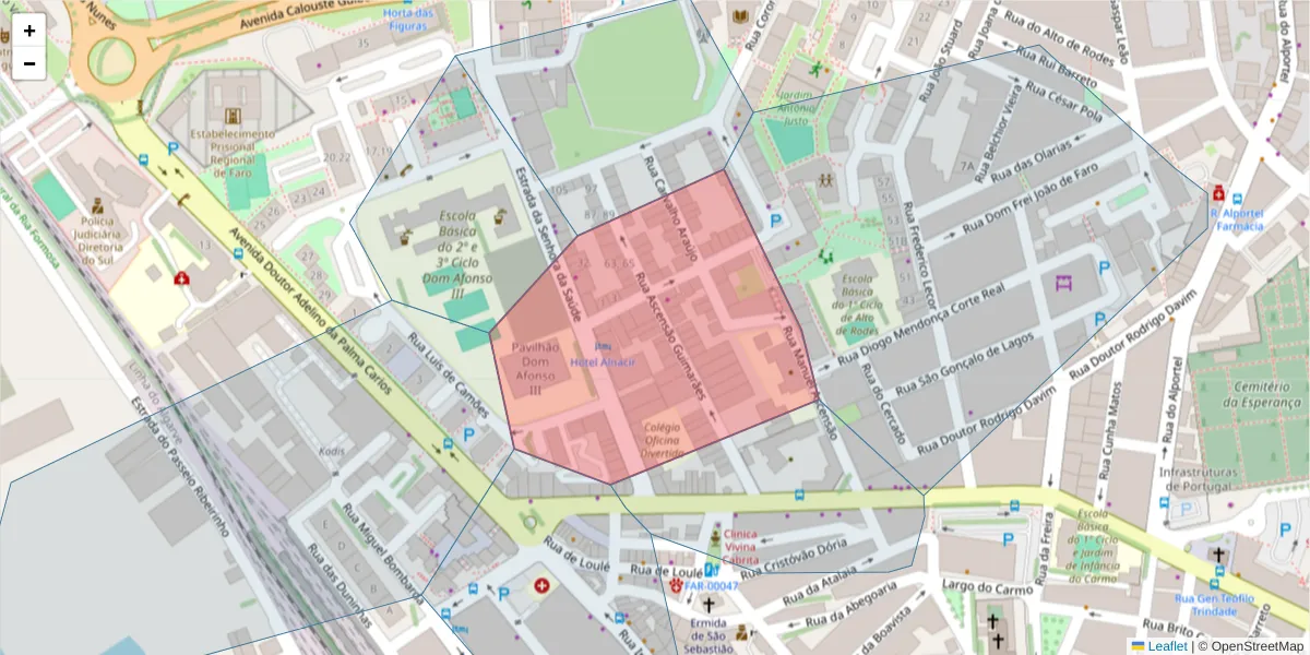 Mapa detalhado do código postal 8000-353 com limites, códigos postais vizinhos e agências dos correios