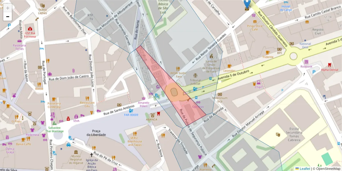 Mapa detalhado do código postal 8000-368 com limites, códigos postais vizinhos e agências dos correios
