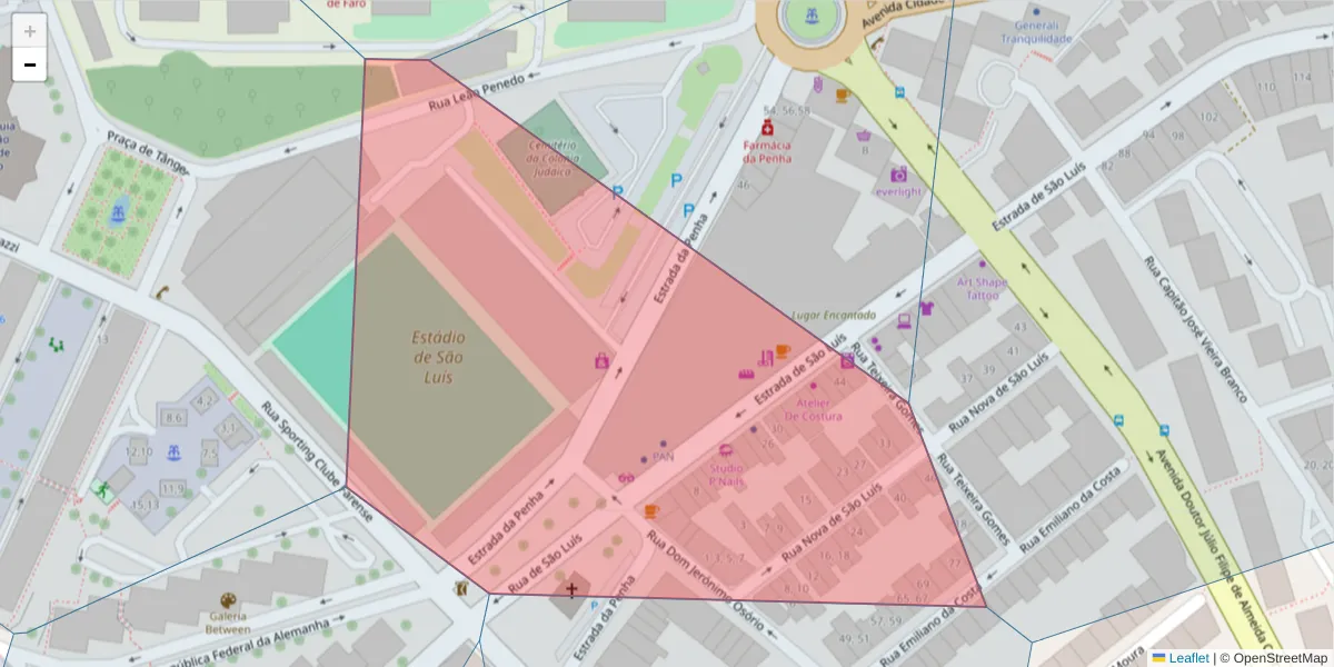 Mapa detalhado do código postal 8000-386 com limites, códigos postais vizinhos e agências dos correios