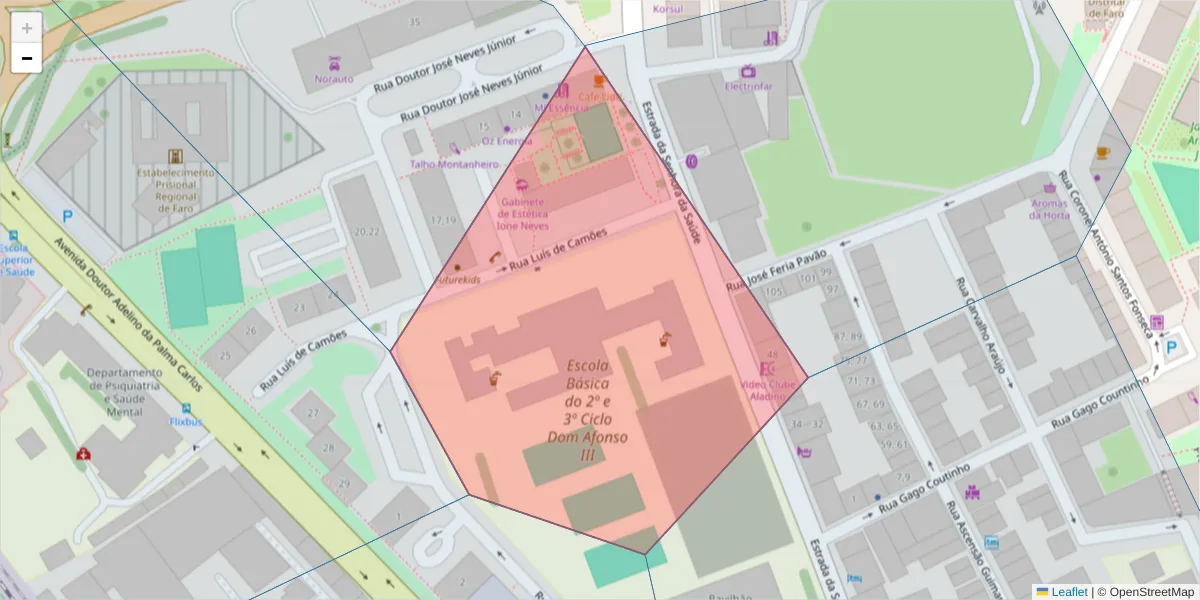 Mapa detalhado do código postal 8000-388 com limites, códigos postais vizinhos e agências dos correios