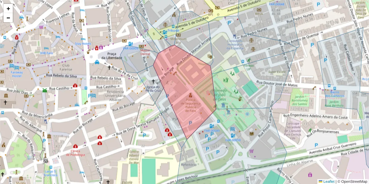 Mapa detalhado do código postal 8000-408 com limites, códigos postais vizinhos e agências dos correios