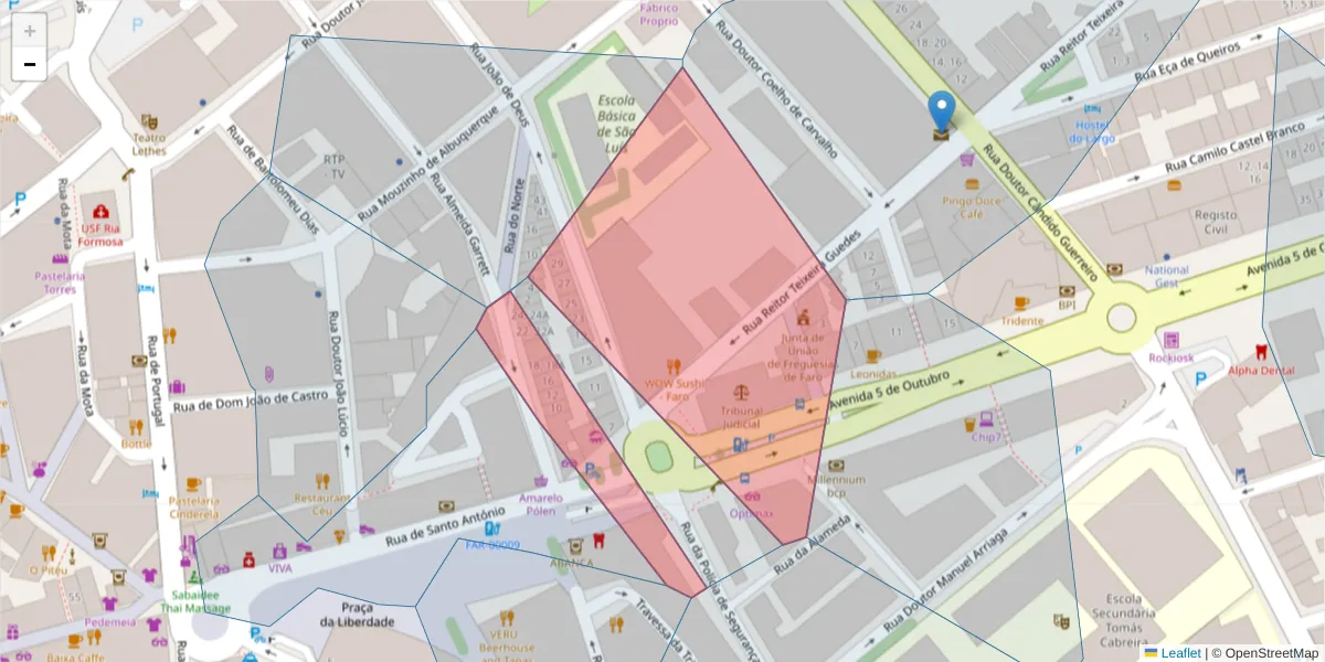 Mapa detalhado do código postal 8000-423 com limites, códigos postais vizinhos e agências dos correios