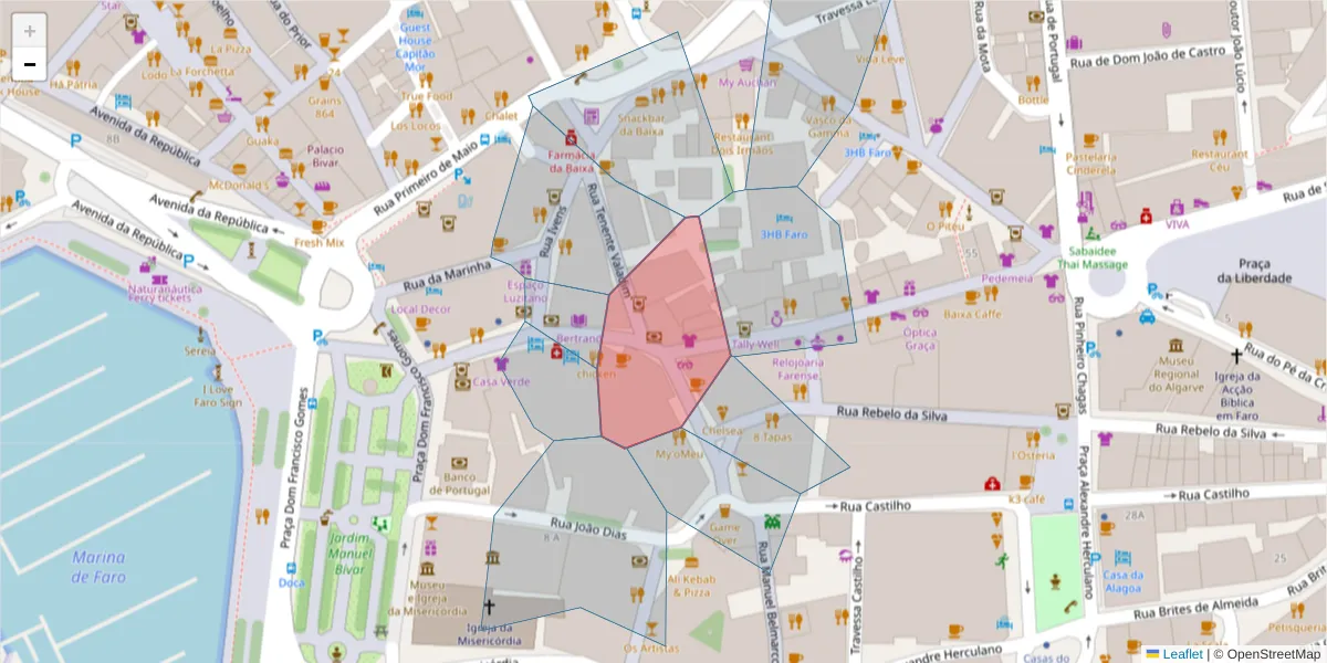 Mapa detalhado do código postal 8000-437 com limites, códigos postais vizinhos e agências dos correios