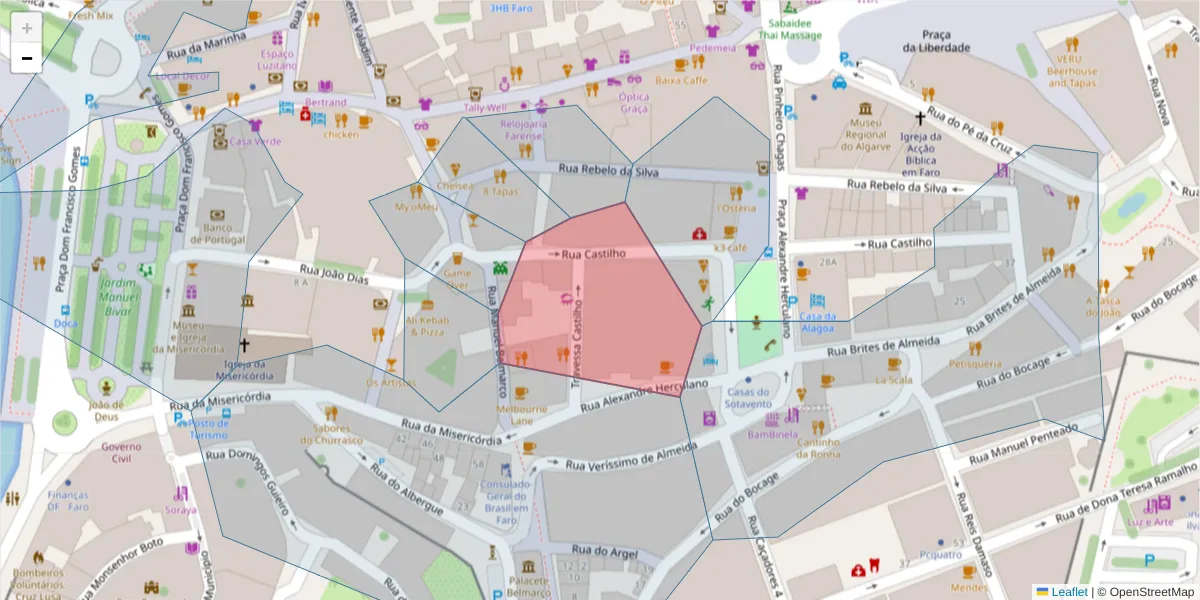Mapa detalhado do código postal 8000-457 com limites, códigos postais vizinhos e agências dos correios