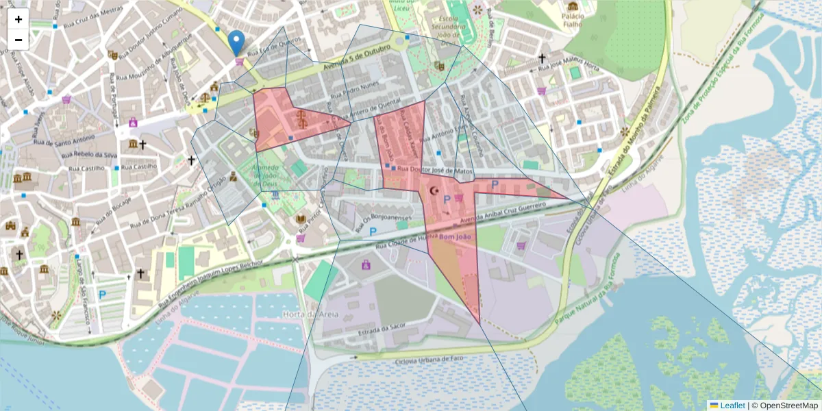 Mapa detalhado do código postal 8000-504 com limites, códigos postais vizinhos e agências dos correios