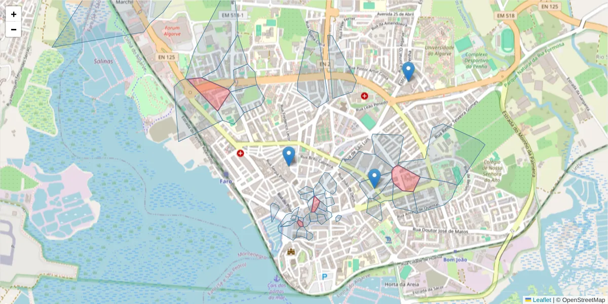 Mapa detalhado do código postal 8000 com limites, códigos postais vizinhos e agências dos correios
