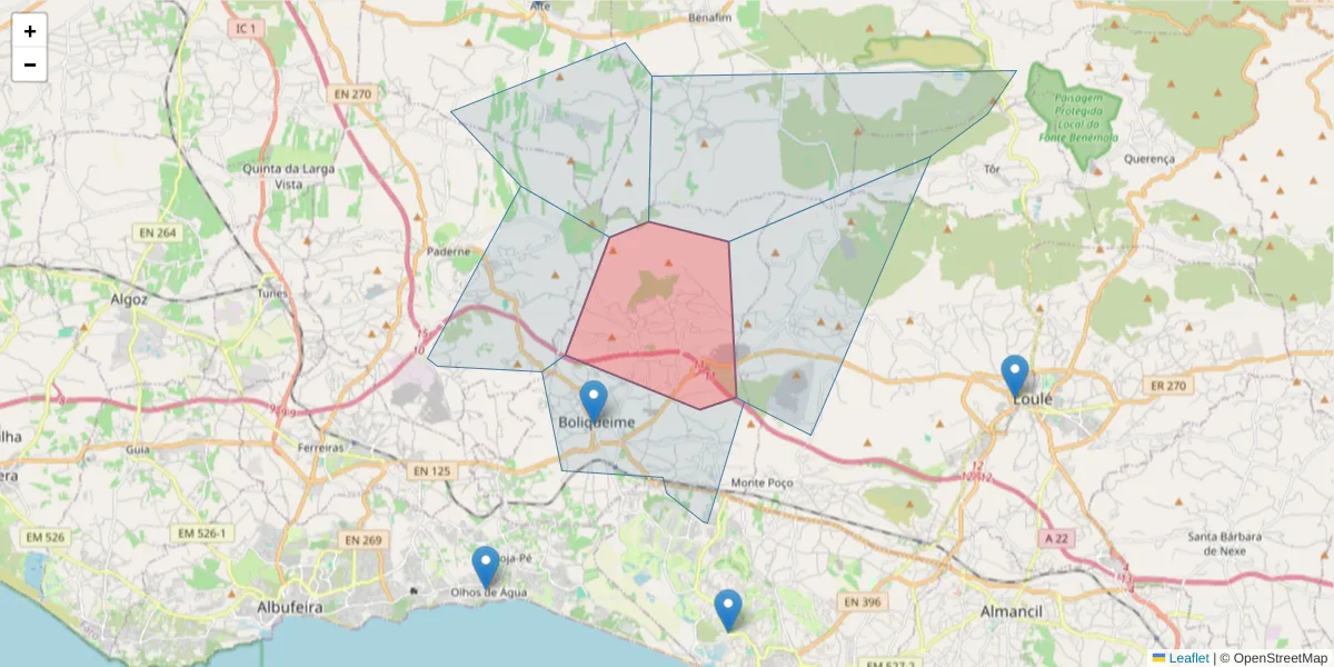 Mapa detalhado do código postal 8001 com limites, códigos postais vizinhos e agências dos correios