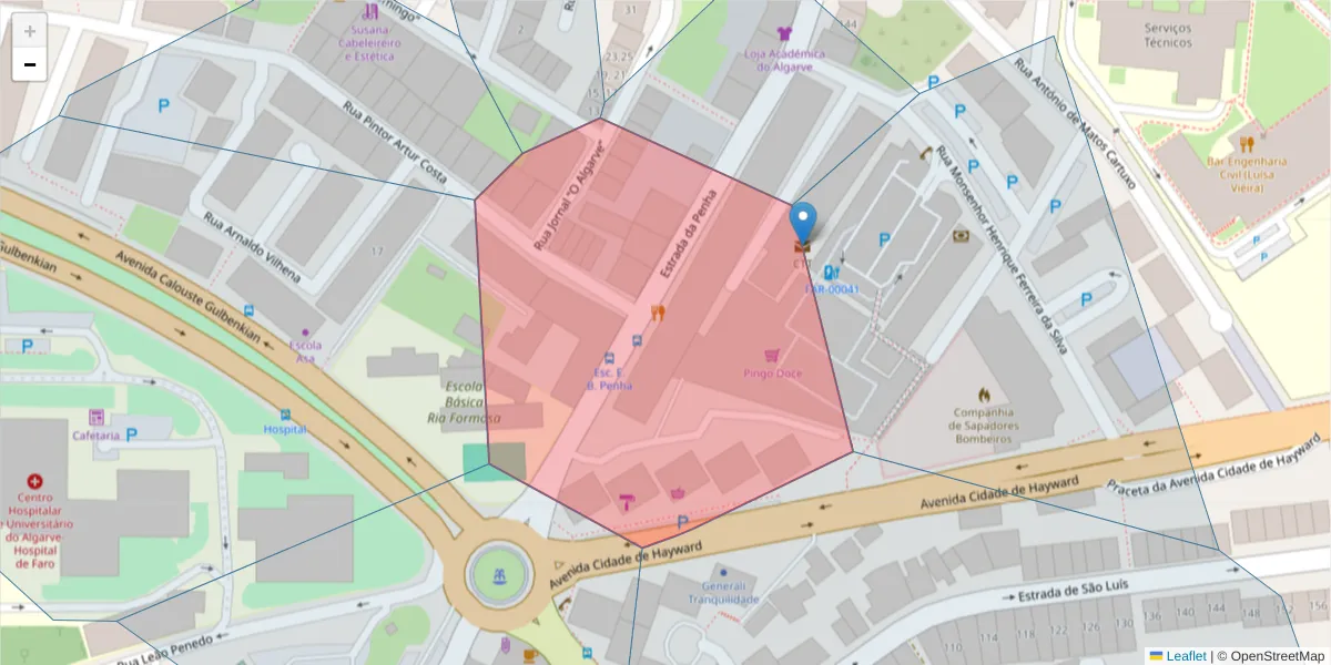 Mapa detalhado do código postal 8005-136 com limites, códigos postais vizinhos e agências dos correios