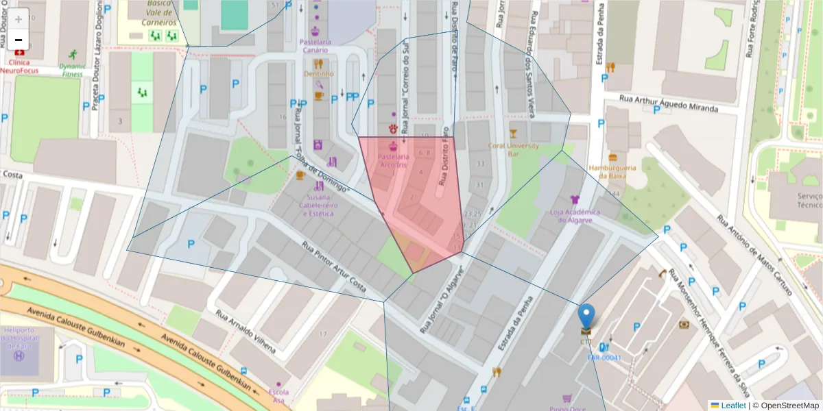 Mapa detalhado do código postal 8005-137 com limites, códigos postais vizinhos e agências dos correios