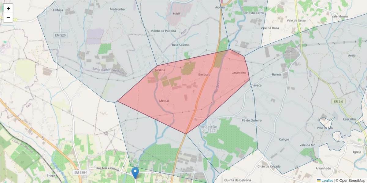 Mapa detalhado do código postal 8005-508 com limites, códigos postais vizinhos e agências dos correios
