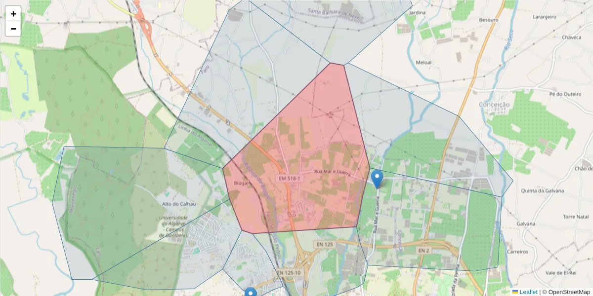 Mapa detalhado do código postal 8005-511 com limites, códigos postais vizinhos e agências dos correios