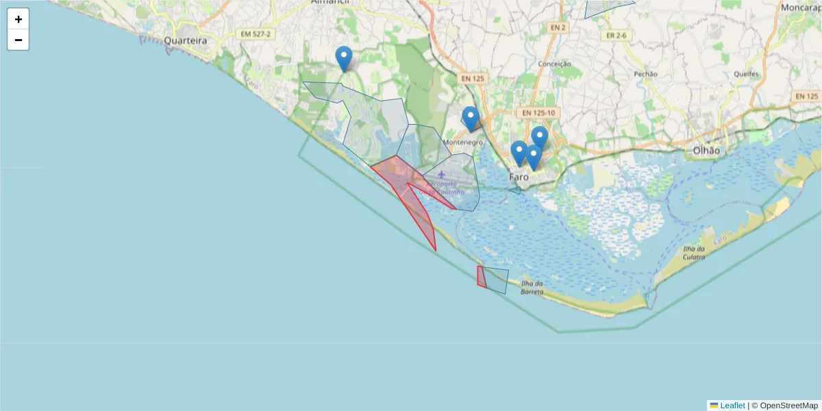 Mapa detalhado do código postal 8005-520 com limites, códigos postais vizinhos e agências dos correios