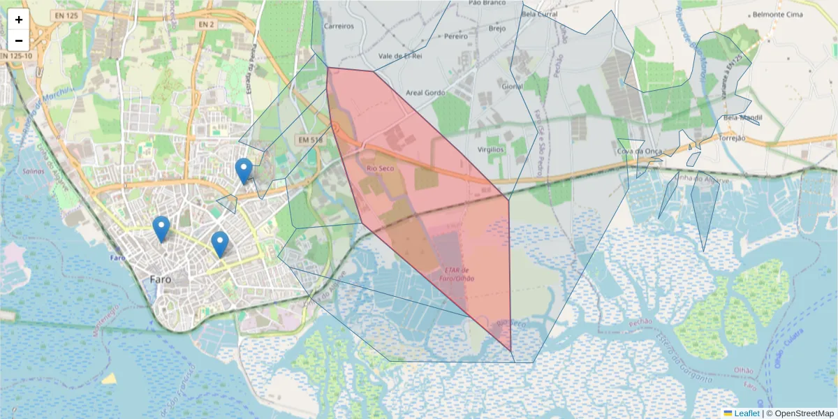 Mapa detalhado do código postal 8005-528 com limites, códigos postais vizinhos e agências dos correios