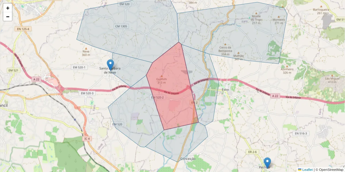 Mapa detalhado do código postal 8009-021 com limites, códigos postais vizinhos e agências dos correios