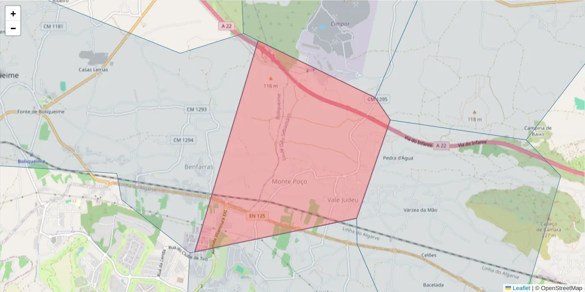 Mapa detalhado do código postal 8100-068 com limites, códigos postais vizinhos e agências dos correios