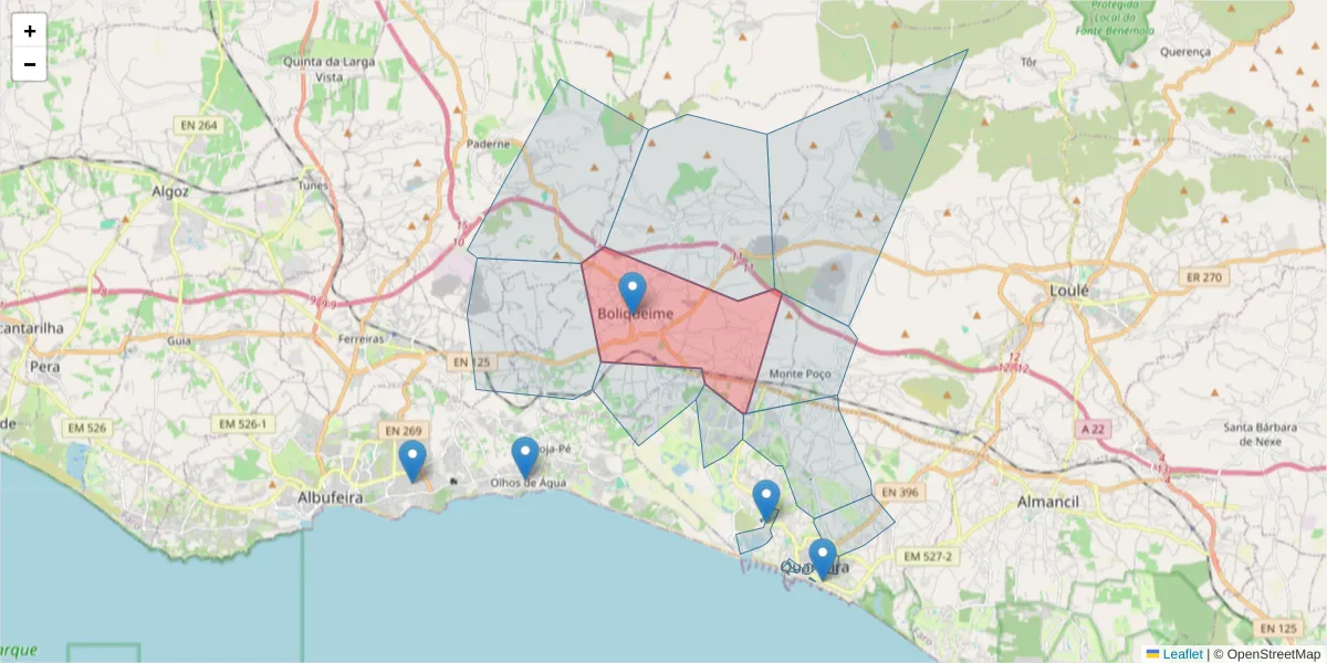 Mapa detalhado do código postal 8100-069 com limites, códigos postais vizinhos e agências dos correios
