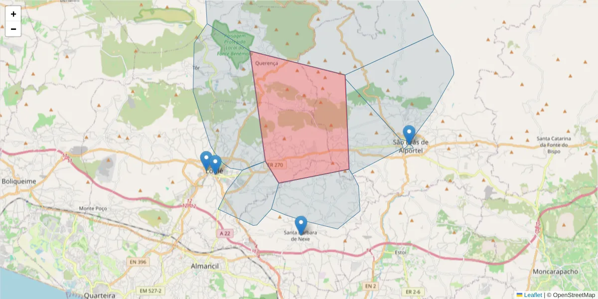 Mapa detalhado do código postal 8100-266 com limites, códigos postais vizinhos e agências dos correios
