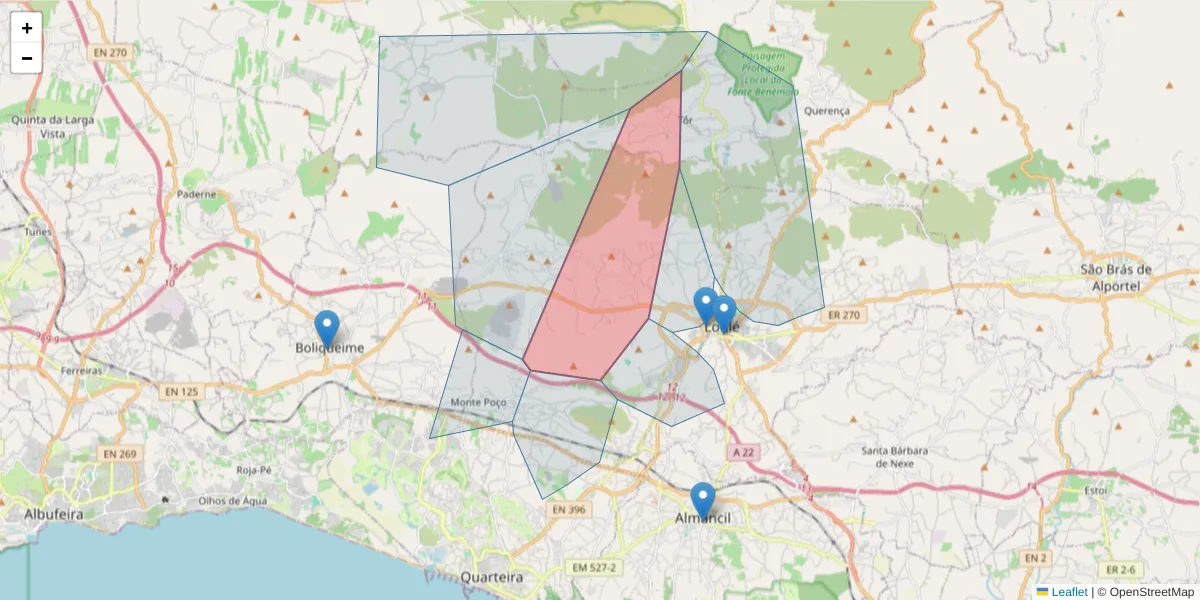 Mapa detalhado do código postal 8100-315 com limites, códigos postais vizinhos e agências dos correios