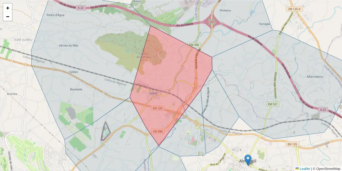 Mapa detalhado do código postal 8100-321 com limites, códigos postais vizinhos e agências dos correios