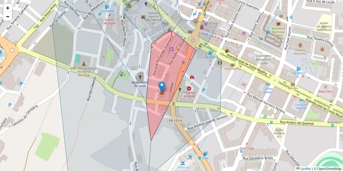 Mapa detalhado do código postal 8100-544 com limites, códigos postais vizinhos e agências dos correios
