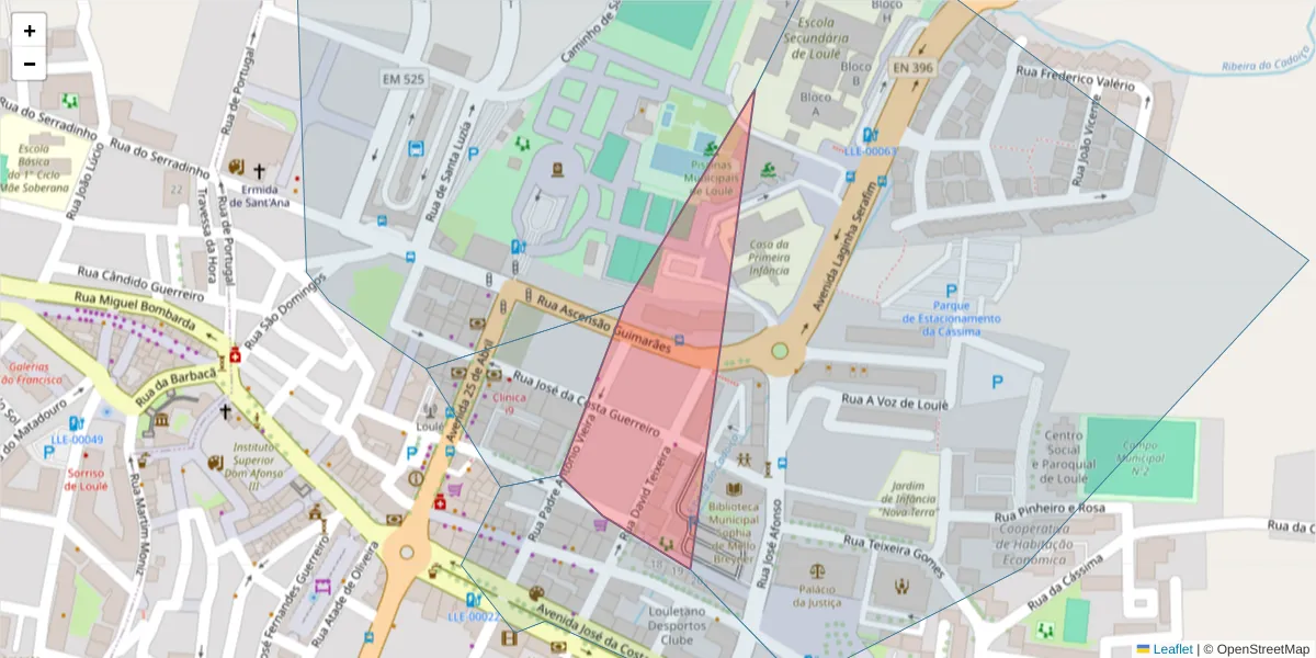 Mapa detalhado do código postal 8100-552 com limites, códigos postais vizinhos e agências dos correios