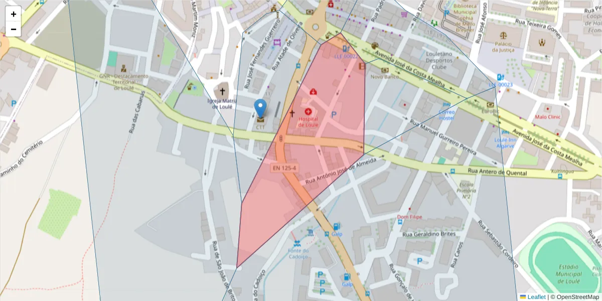 Mapa detalhado do código postal 8100-567 com limites, códigos postais vizinhos e agências dos correios