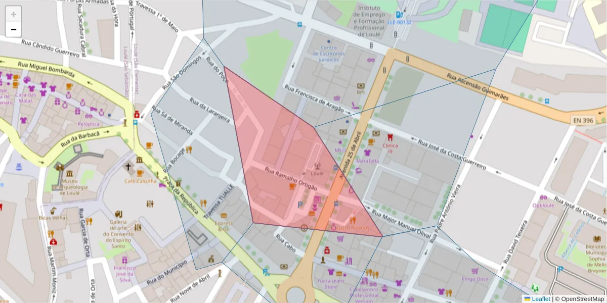 Mapa detalhado do código postal 8100-618 com limites, códigos postais vizinhos e agências dos correios
