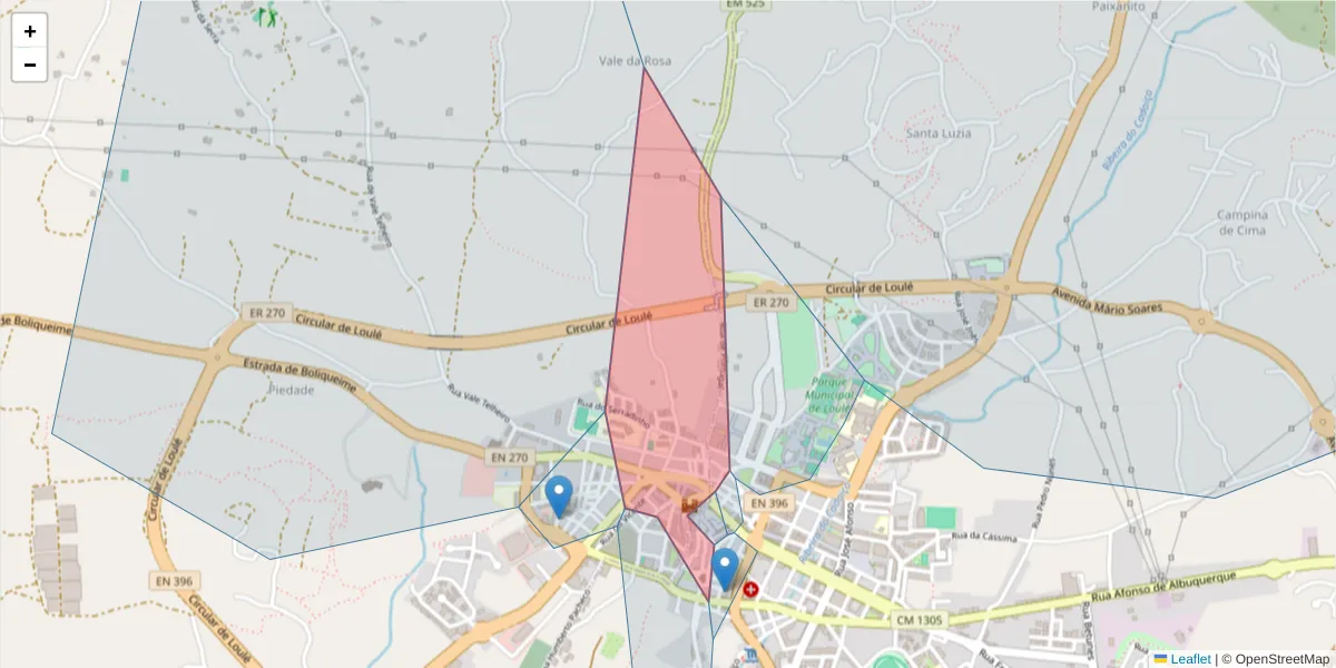 Mapa detalhado do código postal 8100 com limites, códigos postais vizinhos e agências dos correios
