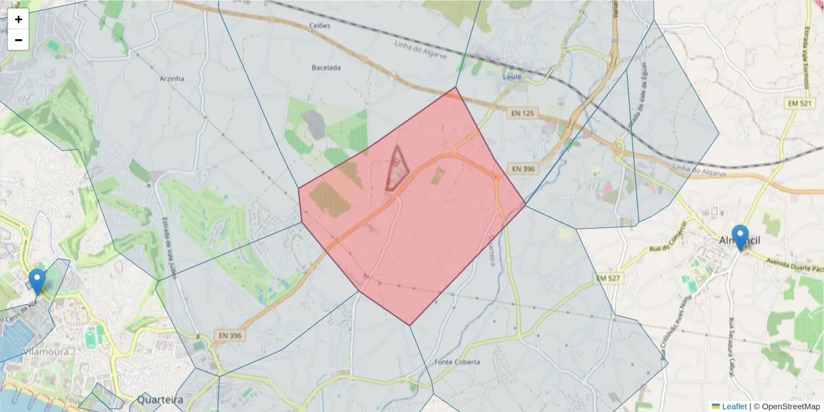 Mapa detalhado do código postal 8125-018 com limites, códigos postais vizinhos e agências dos correios