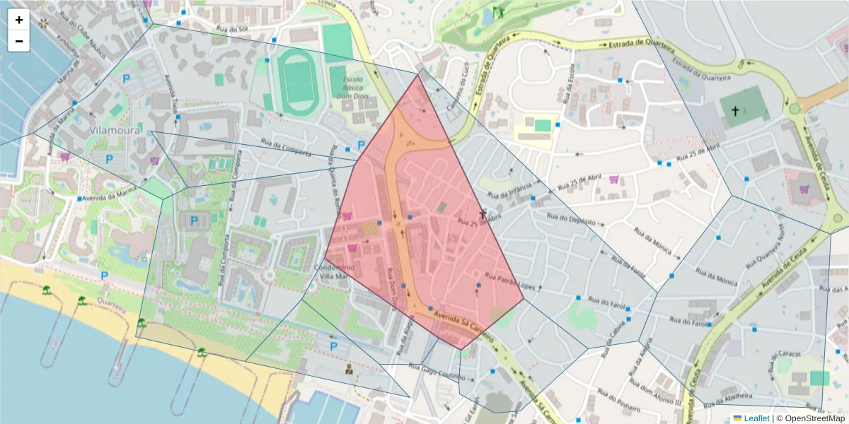 Mapa detalhado do código postal 8125-105 com limites, códigos postais vizinhos e agências dos correios