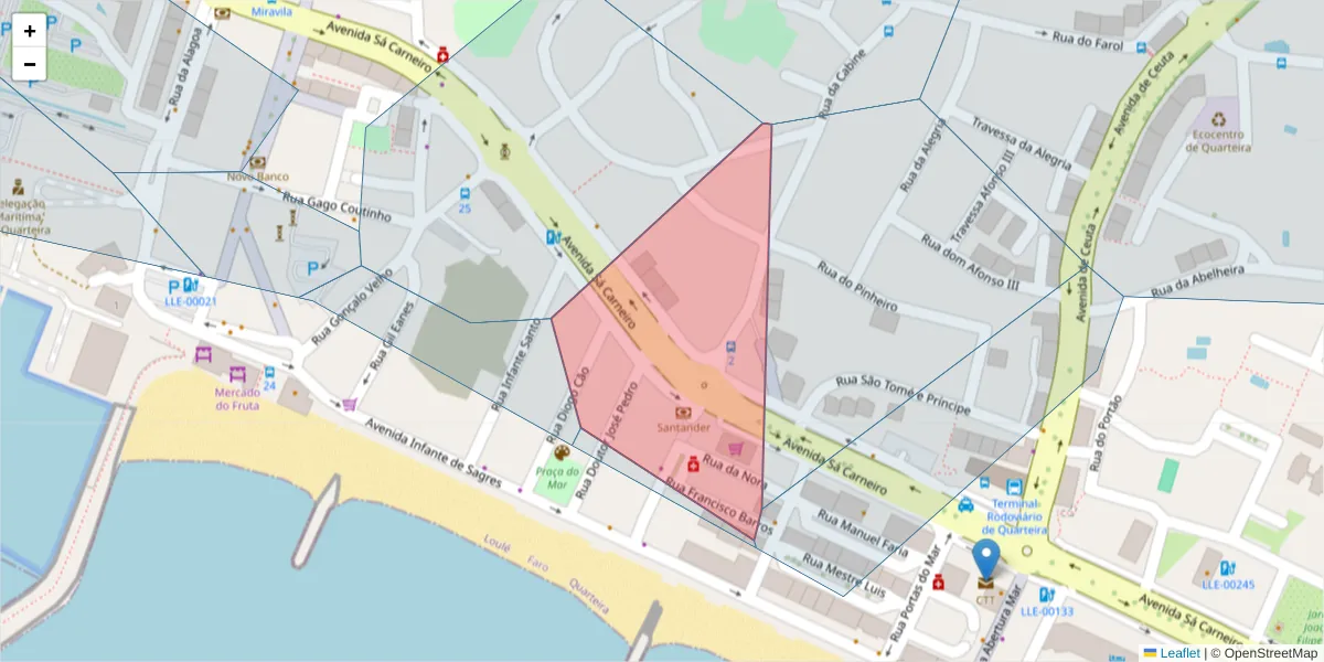 Mapa detalhado do código postal 8125-209 com limites, códigos postais vizinhos e agências dos correios