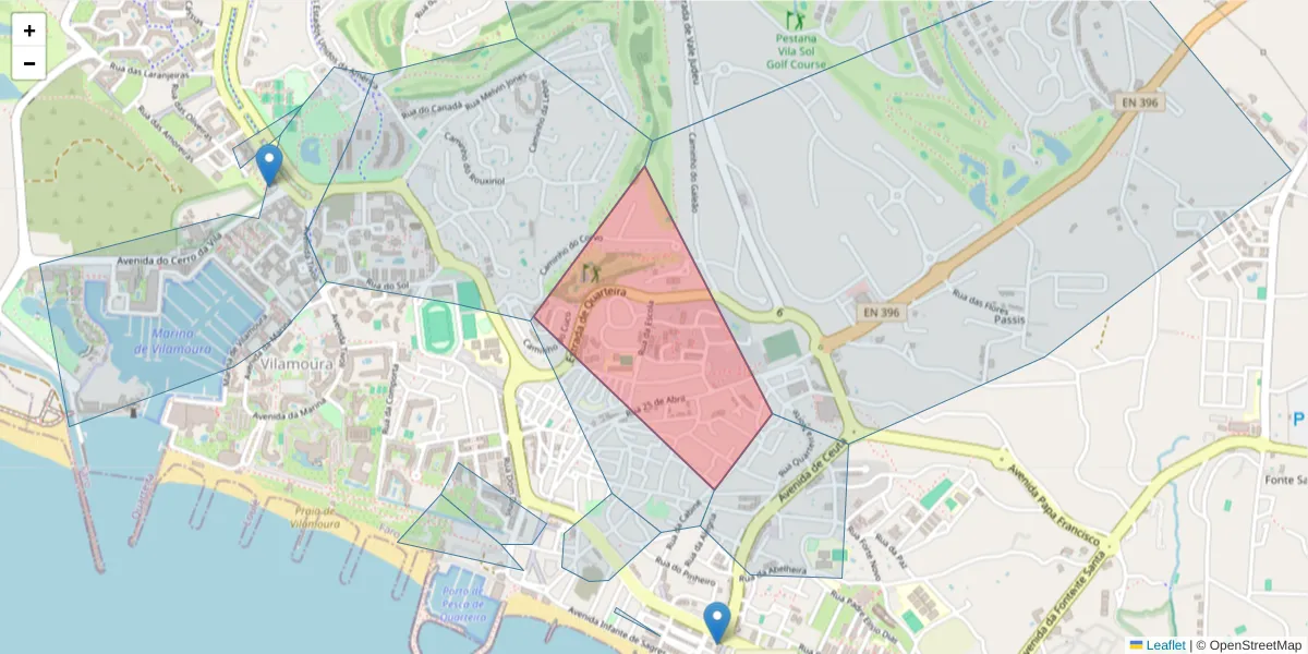 Mapa detalhado do código postal 8125-253 com limites, códigos postais vizinhos e agências dos correios