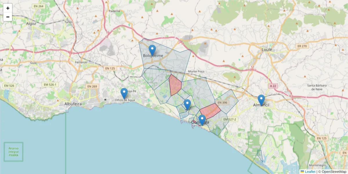 Mapa detalhado do código postal 8125-406 com limites, códigos postais vizinhos e agências dos correios