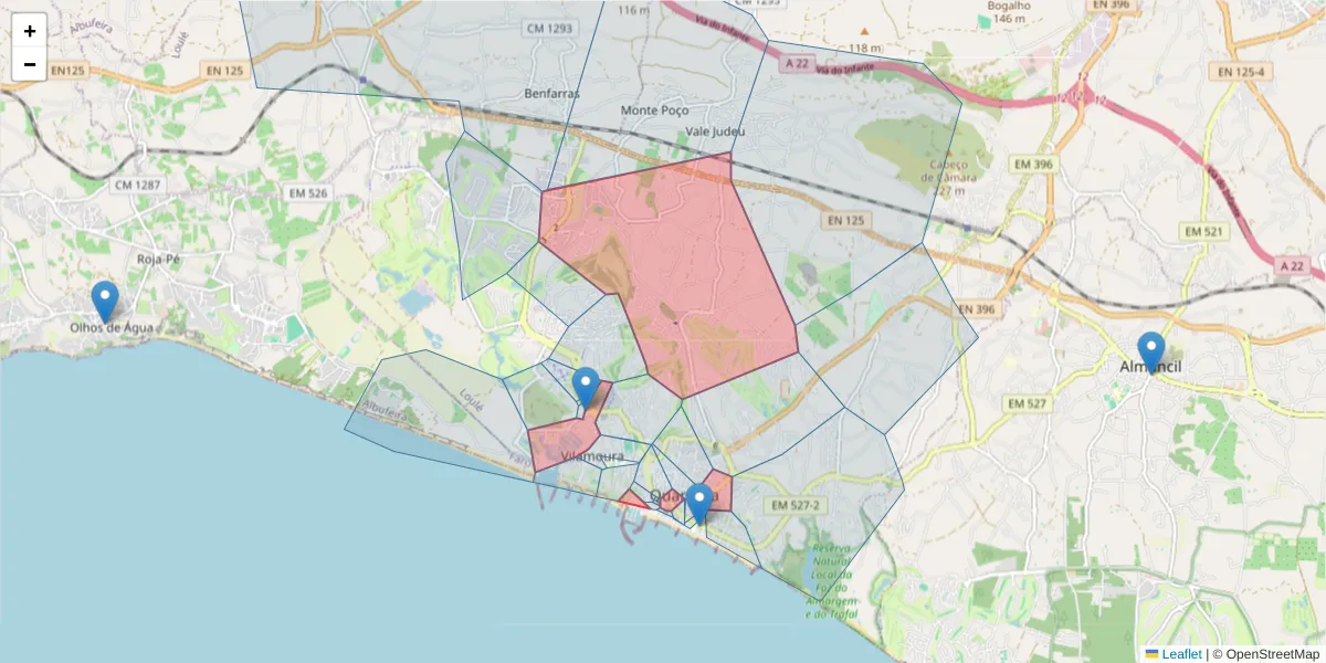 Mapa detalhado do código postal 8125-507 com limites, códigos postais vizinhos e agências dos correios