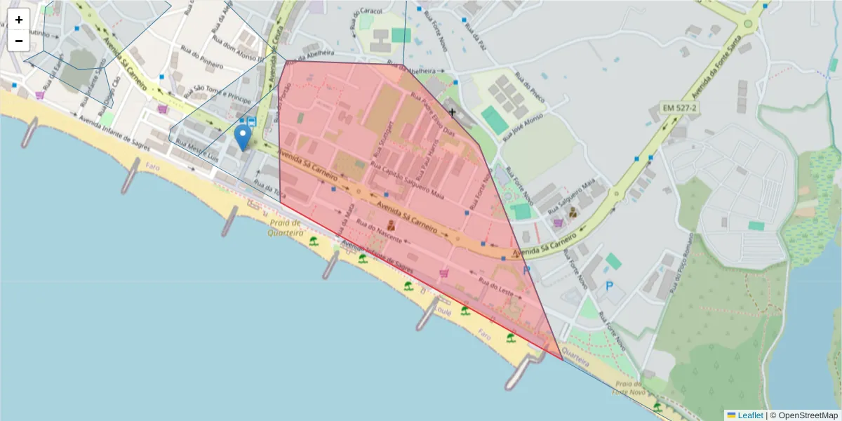 Mapa detalhado do código postal 8125-616 com limites, códigos postais vizinhos e agências dos correios