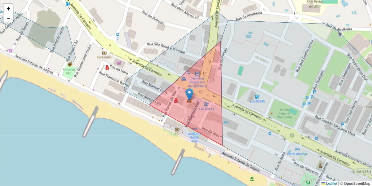 Mapa detalhado do código postal 8125-999 com limites, códigos postais vizinhos e agências dos correios