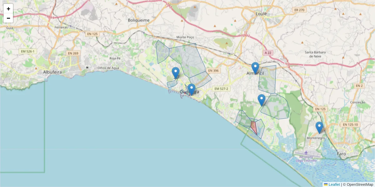 Mapa detalhado do código postal 8125 com limites, códigos postais vizinhos e agências dos correios