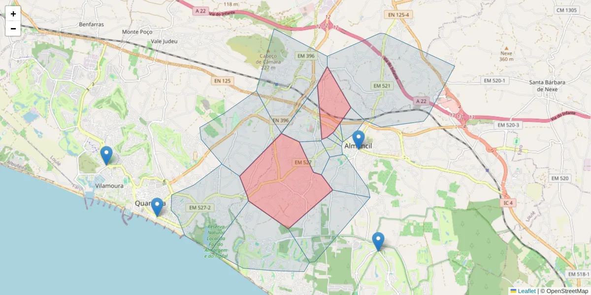 Mapa detalhado do código postal 8135-016 com limites, códigos postais vizinhos e agências dos correios