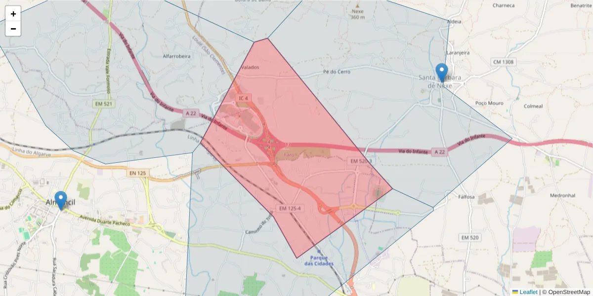 Mapa detalhado do código postal 8135-017 com limites, códigos postais vizinhos e agências dos correios