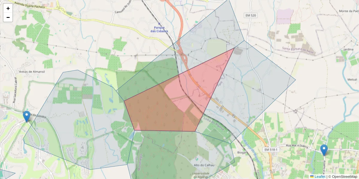 Mapa detalhado do código postal 8135-032 com limites, códigos postais vizinhos e agências dos correios