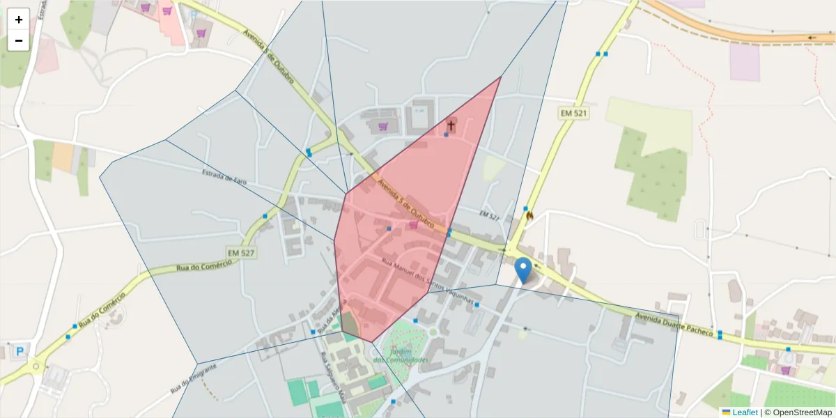 Mapa detalhado do código postal 8135-100 com limites, códigos postais vizinhos e agências dos correios
